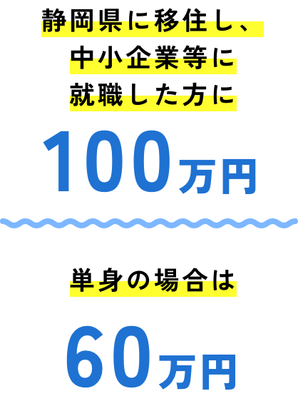 静岡県に移住し、中小企業等に就職した方に100万円 単身の場合は60万円